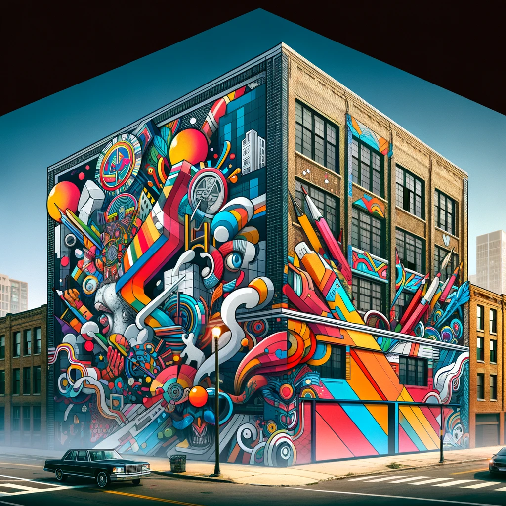 street art on a building showcasing a large colorful mural that covers the entire side of an urban building